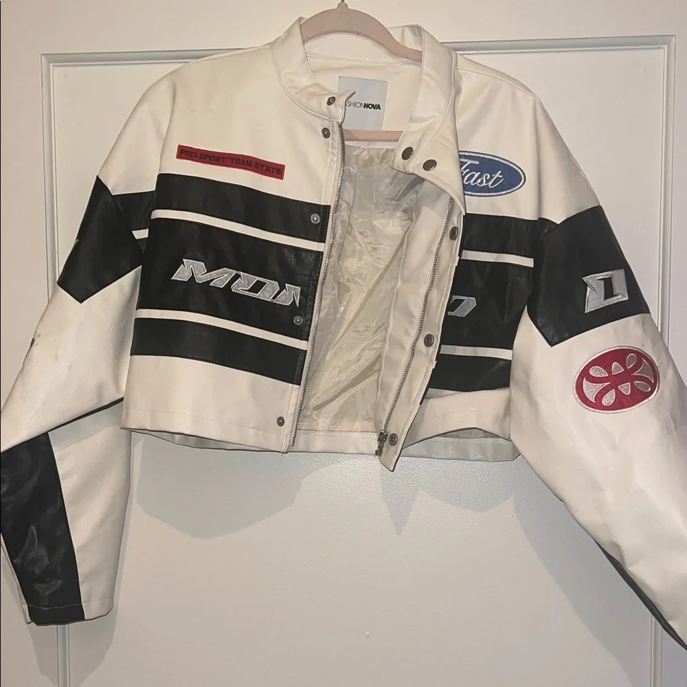 Fashion Nova White and Black Cropped Racing Leather Jacket - Picture 2 of 2